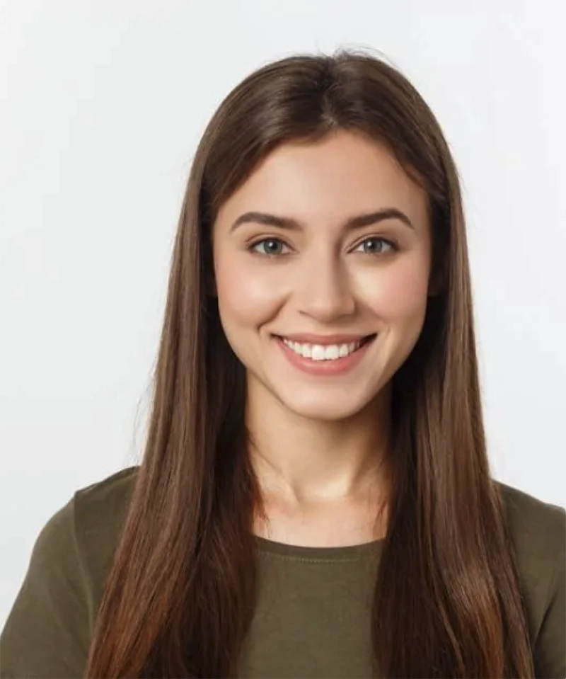 smiling white woman with long brown hair